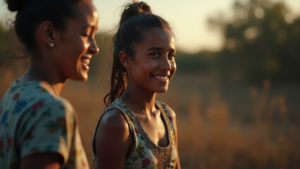 Golden Sunset. Sustainable fashion Generational trauma cisgender Slow EVALI Young carer Mubi Artgrid Kanopy Filmin Smiling women outdoors hour nature