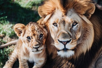 Fototapeta premium Two lionesses relaxing in a sunny meadow