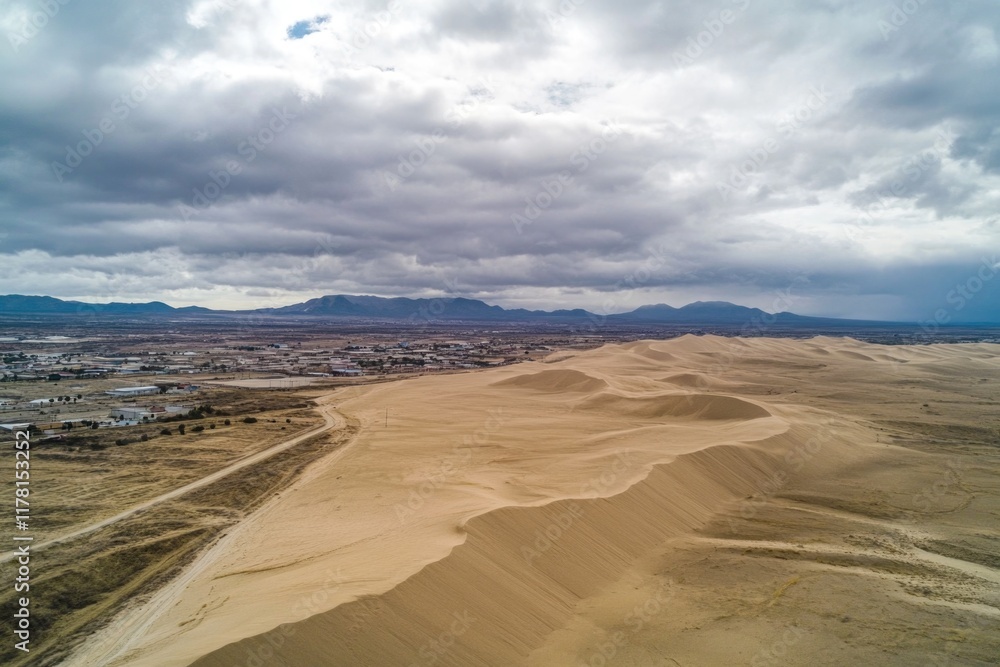 Poster a view of the desert with a few hills visible on the horizon, perfect for use as a background or for