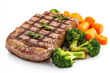 Beef steak with broccoli and carrots on a light backdrop