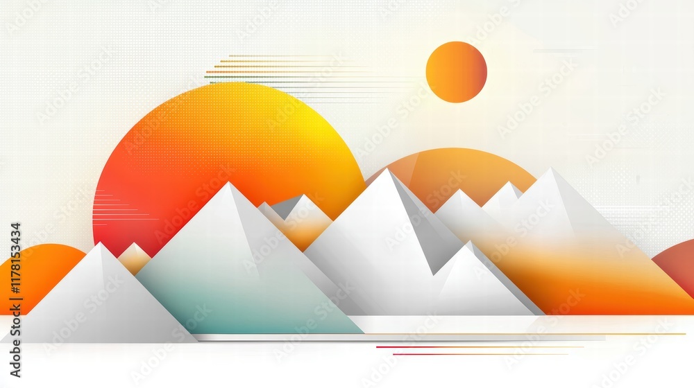 Poster a geometric vector of mountains with abstract shapes, sharp angles, and a bright color palette blend