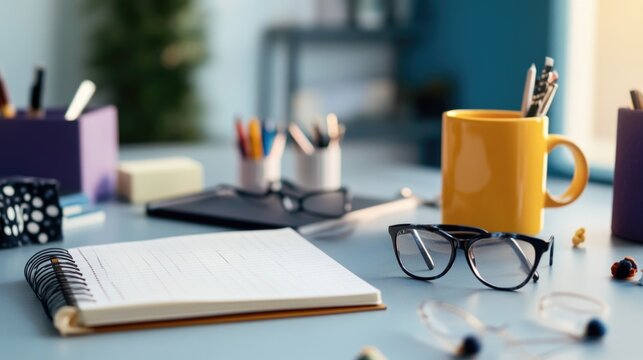 A cluttered desk with various office supplies such as notebooks, pens, and glasses