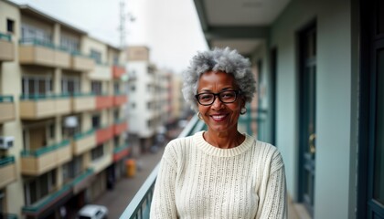 Happy senior black woman stands on balcony smiling at camera. Casual attire. Urban environment. Portrait photo. Positive lifestyle. Retirement concept. Mature woman. Elderly person. Smiling face.