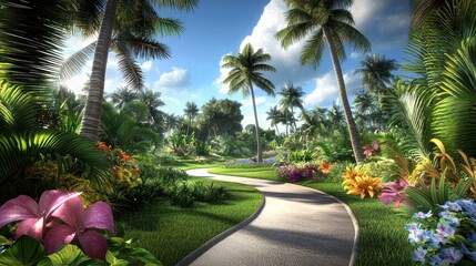 Fototapeta premium A lush botanical garden with tropical plants, colorful flowers, and a pathway winding through towering palm trees.