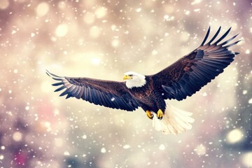 Fototapeta premium A bald eagle soaring through the sky with snow-covered mountains and trees below