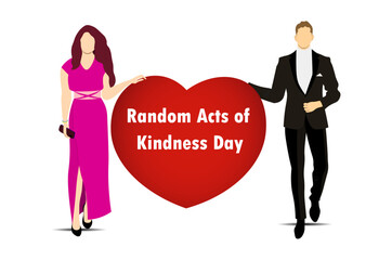  On Random Acts of Kindness Day. A young man and woman hold a red heart in their hands. By starting with ourselves, we can inspire others to perform acts of kindness. Vector Not AI generated