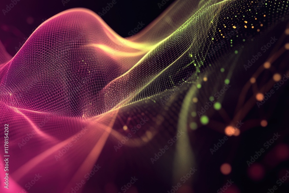 Poster a digital illustration of a wave made up of lines and dots, suitable for use in technology or abstra