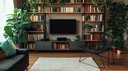 Modern living room with bookshelves, plants, and TV.