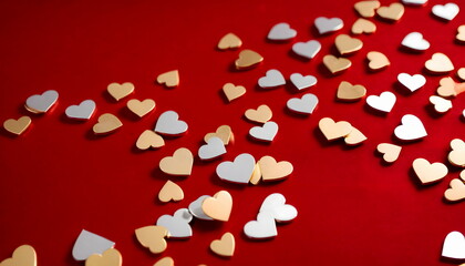 Many small shining golden and silver hearts on red background for valentine day.