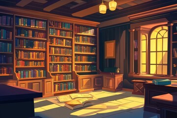 Bookcase backdrop in a bookshop s reading area Bright retro cartoon illustration