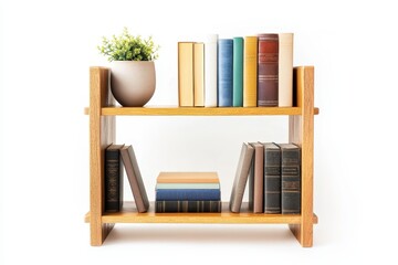 Books and decor on a shelving unit against a white backdrop