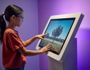 Teenage girl interacts with interactive touchscreen kiosk in purple room. Uses fingers to navigate digital menu. Kiosk displays images, information. Modern technology, interactive display in museum