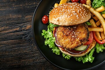 Breaded patty for veggie burger on a dark plate over wood Bird s eye view Blank area for