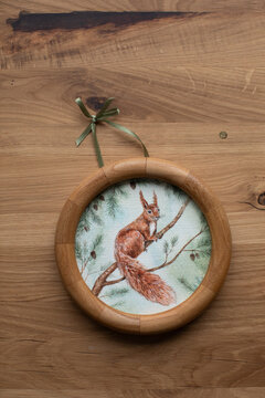watercolor squirrel in wooden frame
