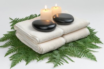 Candlelit massage setting with a towel fern and black hot stone on wood for individual t