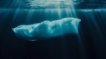 Fototapeta premium Underwater view of a large iceberg illuminated by sunbeams.
