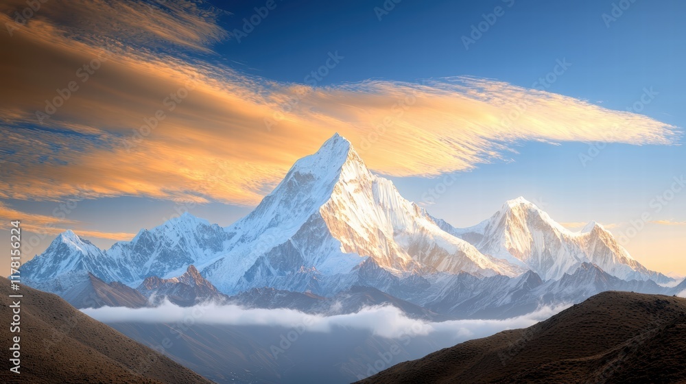 Poster a panoramic view of a majestic snow mountain range under golden light, with shadows creating strikin