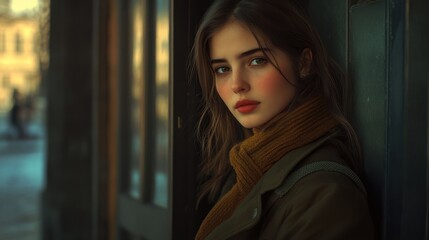 Obraz premium Young woman standing at a door with a contemplative expression in a quiet city street at dusk. Generative AI
