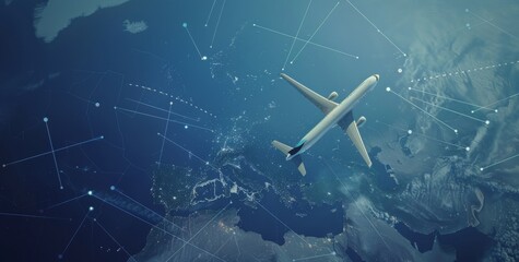 Aerial view of an airplane flying over the deep ocean, illuminating the city grids below