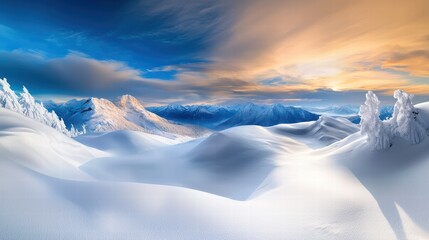 A panoramic winter view of mountains covered in thick snow, with dramatic light and shadows emphasizing the rugged terrain.