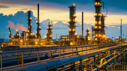 Industrial Oil Refinery Illuminated at Night with Dramatic Lighting