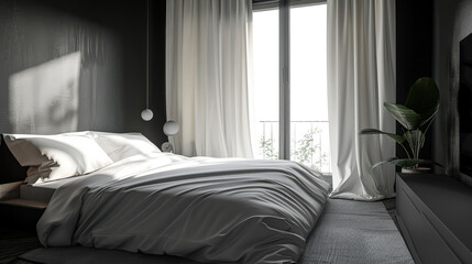 Bedroom with a white bed and white curtains