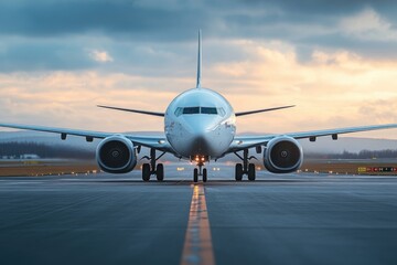 Obraz premium A large commercial airliner parked on an airport runway, ready for departure
