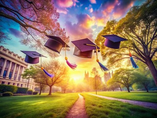 Surreal College Friends:  Floating Graduation Caps & Dreamlike Campus
