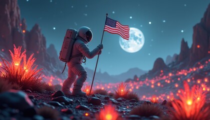 An astronaut in a spacesuit holding an american flag on a rocky terrain with lava-like plants and mountains in the background