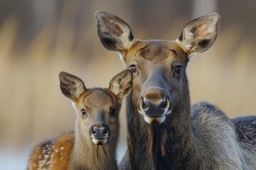 Two deer standing side by side, possibly in a forest or meadow