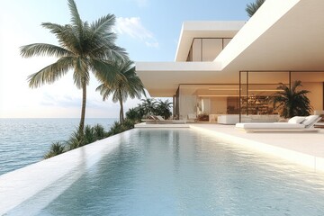 Fototapeta premium A large swimming pool adjacent to a sunny beach, perfect for summer fun