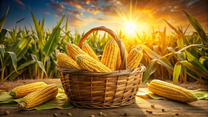 Surreal Corn Harvest: Vibrant Yellow Corn in Basket, Dreamlike Field Background
