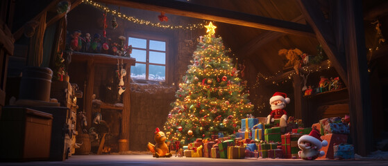 Firelight and a beautifully decorated Christmas tree with toys gathered below-1