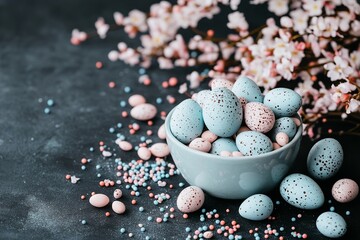 Obraz premium Spring decor features a bowl filled with pastel-speckled eggs surrounded by colorful candy and delicate cherry blossoms, creating a charming festive atmosphere perfect for Easter celebrations