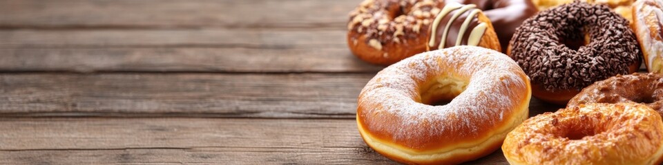 Delicious bakery goods including bagels donuts and danishes on warm wooden background