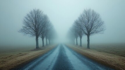 Foggy Road Lined With Bare Winter Trees