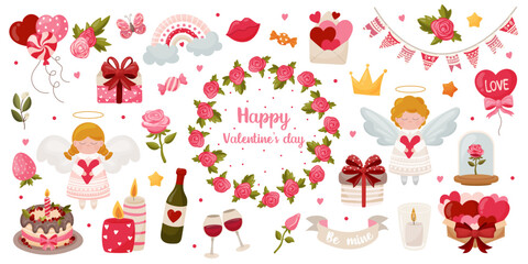 Beautiful set of vector elements for Valentine's Day. Kit of love icons. Isolated elements on a white background. Angels, rose, gift box, cupcake, hearts, balloons, wine, rainbow, garland, love letter