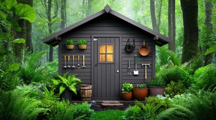 A rustic garden shed surrounded by lush greenery, with tools hanging neatly on the walls and pots arranged outside.