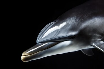 A close-up view of a dolphin with a black background
