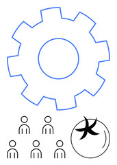 Large blue gear five stick figures, speech bubble with abstract symbol, emphasizing teamwork, organization, collaboration, process efficiency, communication, group work, synergy. Line metaphor