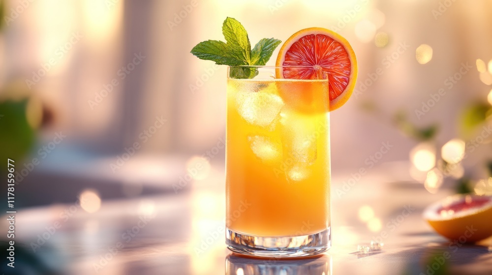 Poster refreshing citrus beverage with mint garnishing at a sunlit table setting in a relaxed atmosphere. g