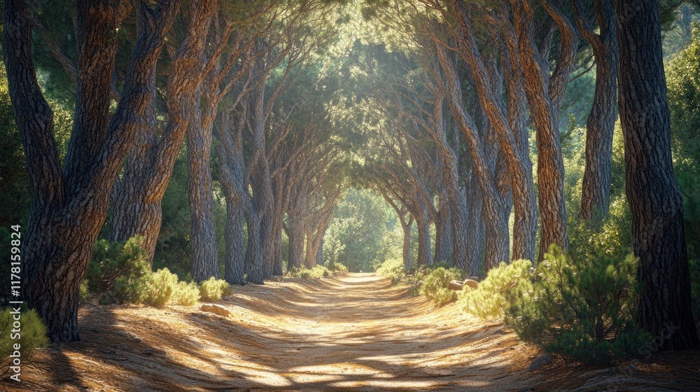 Poster serene woodland path illuminated by sunlight during afternoon in a peaceful forest setting. generati