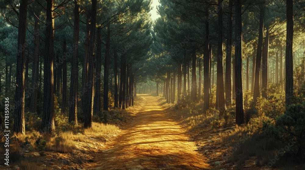 Poster sunlit forest pathway lined with tall trees during golden hour in tranquil nature setting. generativ