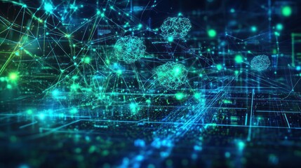 Digital network representation with interconnected lines and floating spheres illustrating data flow and connectivity. Generative AI