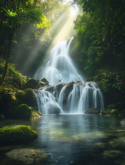 Fototapeta premium Sunbeams illuminate a serene waterfall cascading through lush greenery into a tranquil pool.
