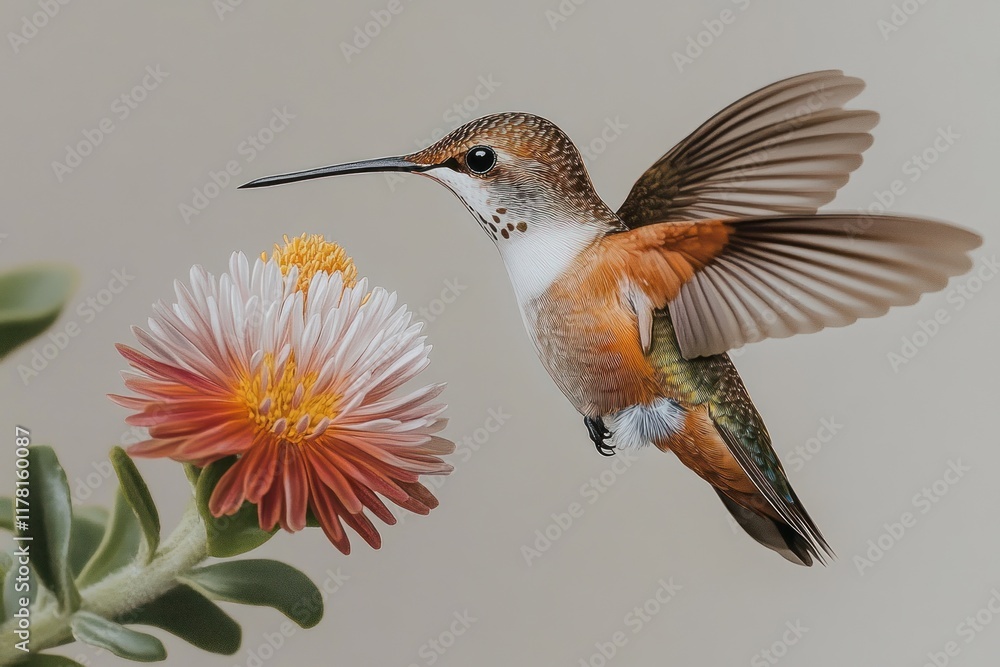 Poster hummingbird hovering near colorful flower in a serene garden setting during daylight hours. generati