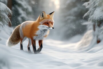 Fototapeta premium Snowy forest setting with a fox walking gracefully through the snow during winter. Generative AI