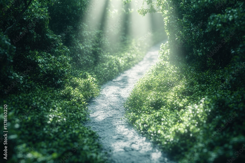 Aufkleber sunlight filters through trees illuminating a winding forest path in early morning greenery. generat