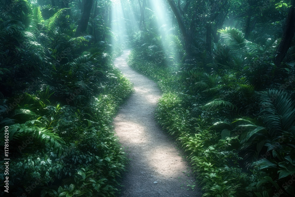 Poster serenity found on a misty forest path surrounded by lush greenery and soft sunlight filtering throug