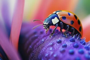Fototapeta premium A ladybug perched on the petals of a vibrant purple flower